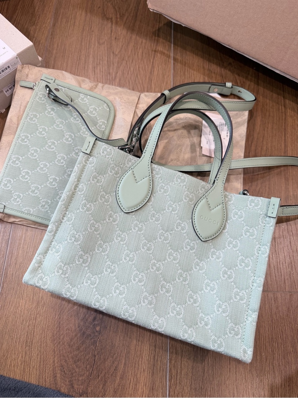 New Gucci GG Pattern 2WAY Ophidia Denim Leather Green Shoulder Bag 772183